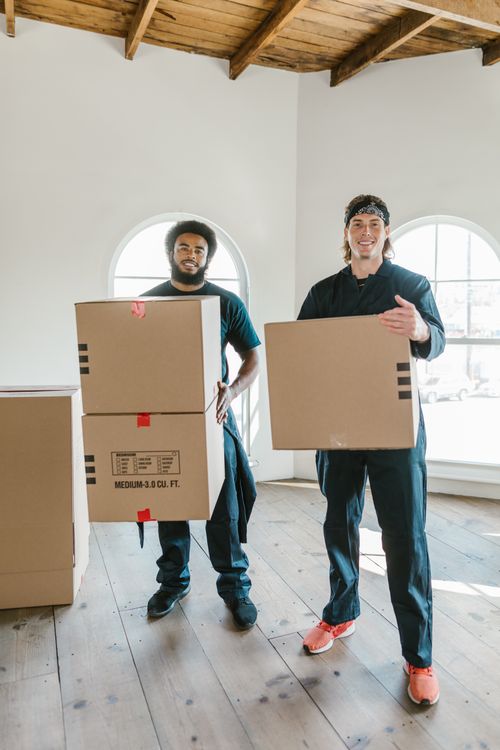 Dos operarios de mudanza cargando cajas de carton en un departamento luminoso